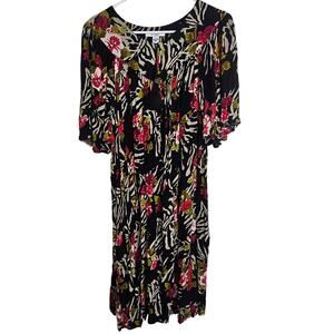 Go Softly Womens Floral Patio Dress L Crepe Pleated Kaftan Muu Muu House Dress